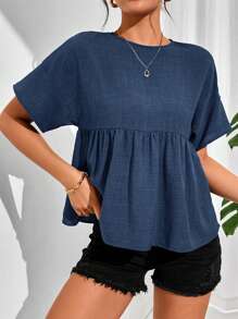 SHEIN Essnce Áo thun nữ cổ tròn tay ngắn xếp ly màu trơn tối giản, mặc thường ngày - Màu xanh hải quân - Xem 3