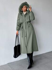 Women's Detachable Fur Collar & Hooded Lined Coat - Mint Green - View 4