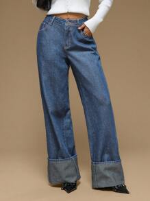 Forever 21 秋冬女士口袋宽松阔腿深蓝色水洗复古牛仔裤