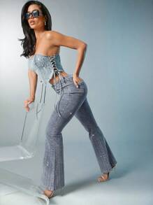 Denimoi 女装，女式蓝色休闲喇叭牛仔裤，镶钻，女式裤子，牛仔裤，女式牛仔裤，低腰牛仔裤。适合日常穿着 - 淺色水洗藍 - 查看 4