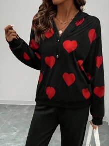 EMERY ROSE Heart Print Hoodie, Valentine's Day Pullover Fall - Black - View 5