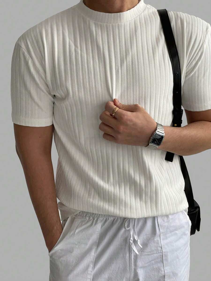 DAZY Ribbed Design White Knit Top For Men, Summer - White - View 1