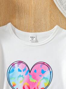 SHEIN Bộ 2 món/Bộ áo thun tay ngắn in hình trái tim kỹ thuật số cho bé gái và quần short in hình trái tim cạp chun, Xuân/Hè - trắng - Xem 5