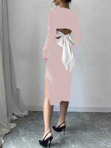 Chiquease Black Velvet Crew Neck Long Sleeve Backless Bowknot Slit Wrap Women Dress For Holiday Party Clothes Maxi Women Outfit Fall Cloth For Women - Baby Pink - View 5