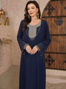 Al Najma Women's Spring & Summer Embroidered 2 Pieces Sheer Turkish & Arabic Style Maxi Dress Set, Modest Kaftan - Navy Blue - View 7