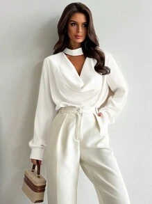 Firerie Áo sơ mi nữ tay dài màu mơ thanh lịch, tinh tế, cổ điển, đơn giản, phù hợp cho công sở, mùa xuân, hè, ngày Valentine. - trắng - Xem 4