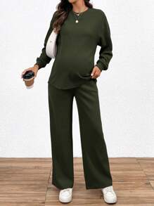 SHEIN 2pcs/Set Maternity Casual Solid Color Long Sleeve Top And Long Pants Set, Autumn - Army Green - View 4