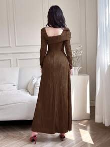 Feyla Women's Solid Color Square Neck Long Sleeve Textured Simple Arabic Style Dress Long Evening Dresses - Coffee Brown - View 2