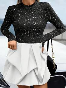 SHEIN Clasi Vestido corto casual de mujer con mangas largas y cuello alto en bloques de color