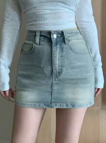 DAZY 女式休闲水洗蝴蝶印花牛仔迷你裙牛仔裙 - 淺色水洗藍 - 查看 4