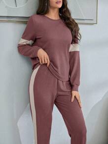 拼色休闲时尚女式套头衫长袖长裤家居服套装