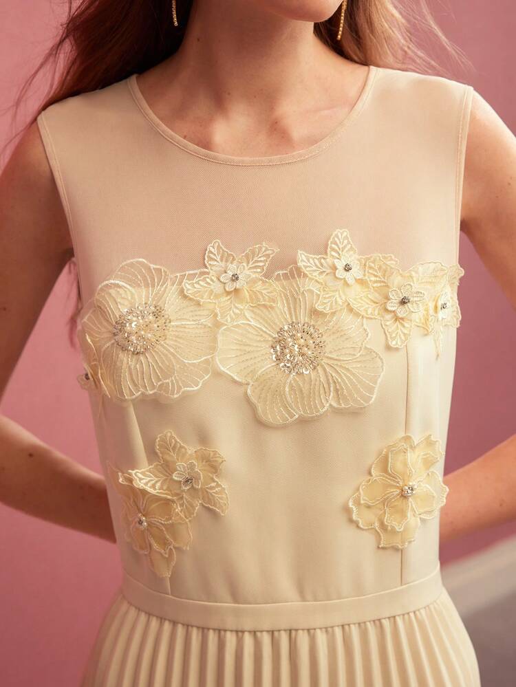 CONTRAST MESH FLORAL PATCHED PLEATED DRESS, SLEEVES MIDI DRESS, VALENTINE'S DAY,SPRING/SUMMER
