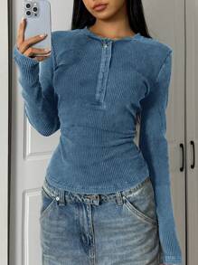 SHEIN EZwear 女士前扣长袖休闲衬衫，日常穿着 - 藍色 - 查看 6