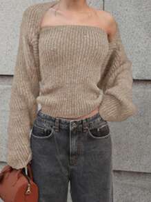 DAZY 2pcs Women Sleeveless Short Jacket And Sweater Set, Apricot Color, Suitable For Spring & Autumn,Fall Women Clothes - Apricot - View 5