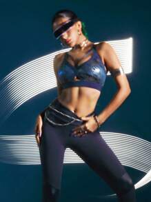 Innovista 女士深蓝色拼接仿皮高腰弹力运动紧身裤，带口袋，适合健身房锻炼、日常休闲、跑步、骑行、瑜伽等运动，是秋冬季女装的理想之选。清爽浅蓝色 - 藏蓝色 - 查看 2