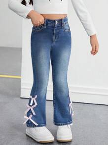 SHEIN Young Girl' Y2K Pink Cute Bow Accent Blue Denim Jeggings,Valentine's Day Denim Pants - Dark Wash - View 5