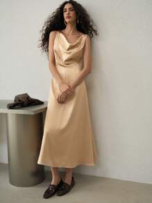 MOTF PREMIUM COWL NECK DRAPED LONG DRESS - Khaki - View 4