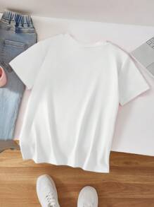 SHEIN Tween Girls Casual Rabbit & Bow Print Short Sleeve T-Shirt - White - View 2