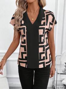 SHEIN Clasi Women's V-Neck Minimalist Geometric Print Casual Blouse,Going Out Tops - Multicolor - View 4