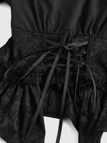 ROMWE Goth 深色哥特式宫廷风格蕾丝喇叭袖修身女士衬衫 - 黑色 - 查看 3