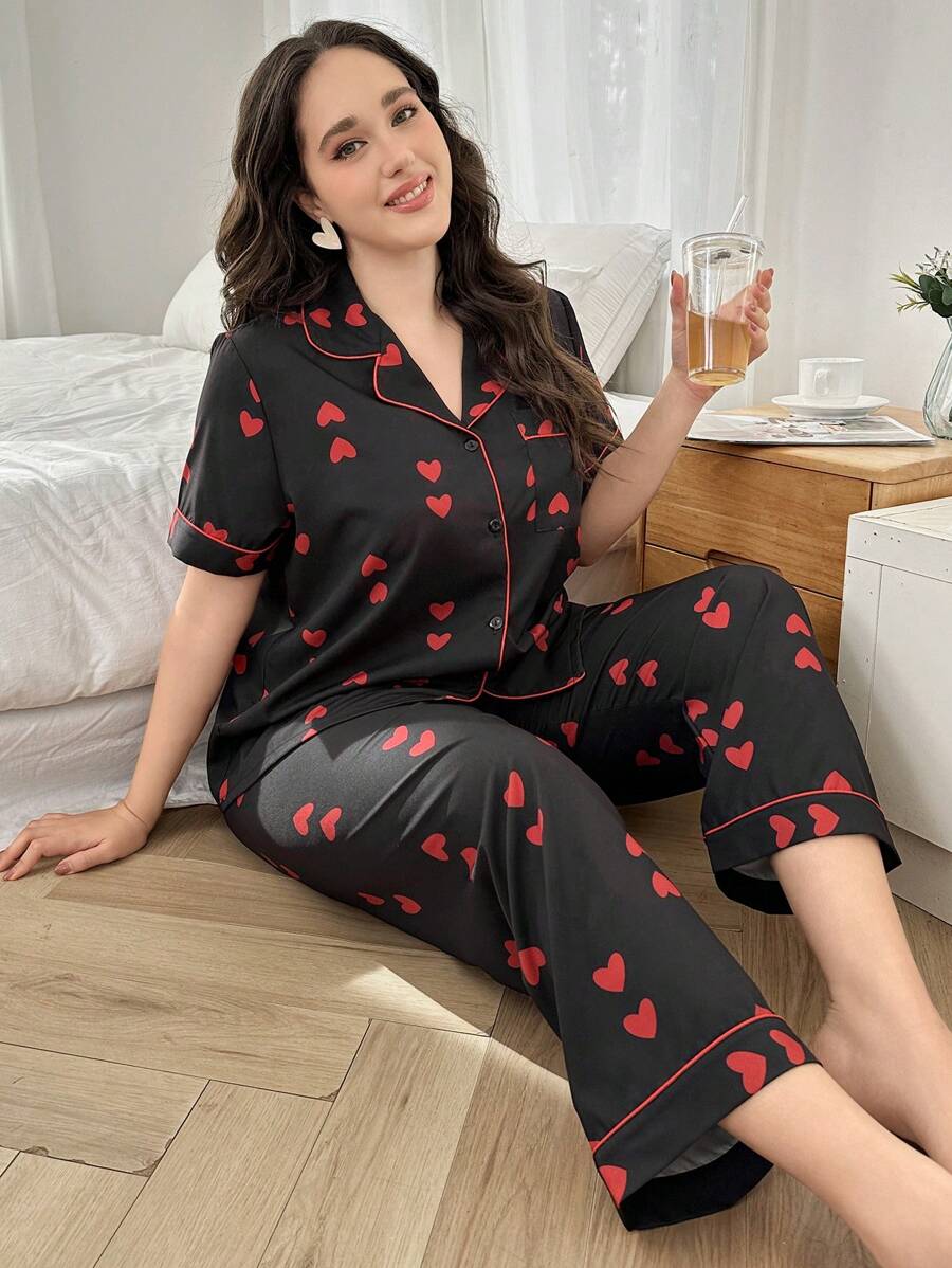 Dream Adore Bubble Wrinkle Heart Print Valentine's Button Front Short Sleeve Lounge Set