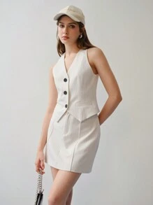 MOTF STUDIO STRIPED BUTTON UP WAISTCOAT & SKIRT,SPRING/SUMMER - Beige - View 5