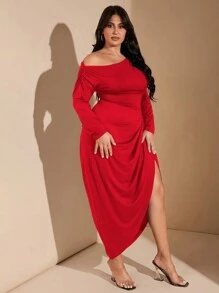 SHEIN BAE 大码女式优雅露肩长袖毛衣裙，带褶边细节，弹力舒适黑色中长裙，适合派对和约会 - 紅色 - 查看 6