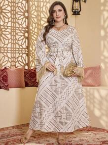 Al Najma Plus Size Women Square Neck Floral Print Tassel Decor Dress