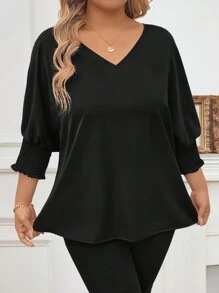 Plus Size Solid V-Neck Pullover Top, Casual Everyday Wear - Black - View 6