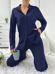 EURMUSE 100%Cotton Shirt Style Buttoned Striped Dark Blue 2-Piece Pajama Set - Navy Blue - View 6
