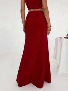 Aloruh Women's Elegant And Romantic Valentine's Day Red 3D Flower Decorated High Waist High Slit Skirt Long Skirt - Red - View 2