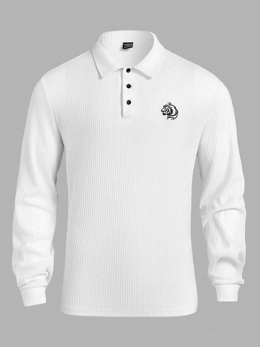 Manfinity Homme Men's Front Button Long Sleeve Printed Casual Polo Shirt - White - View 1