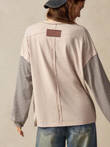 Bohemela 女士休闲针织拼布圆领长袖宽松 T 恤 - 咖啡棕 - 查看 7