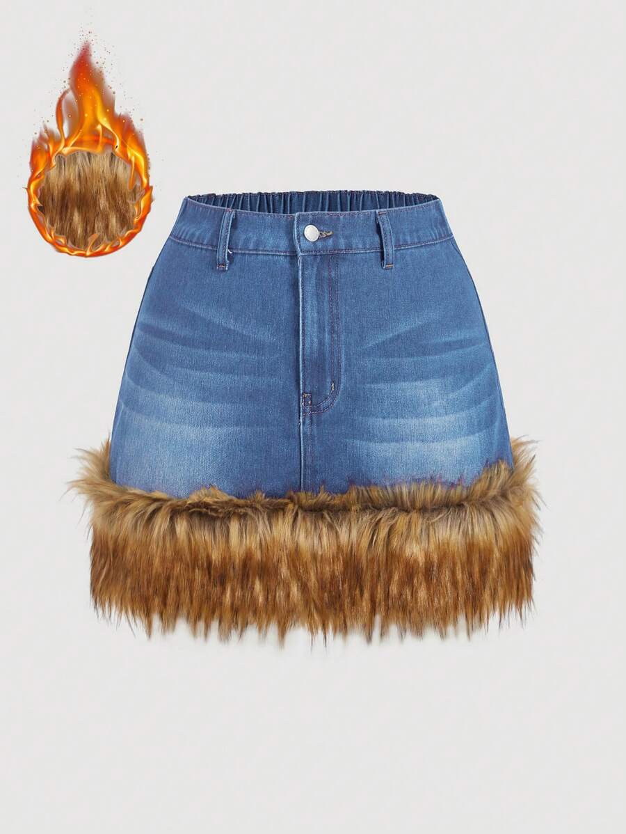 SHEIN MOD Plus Size Fluffy Denim Mini Skirt, Sweet Patchwork Design - Light Wash - View 1