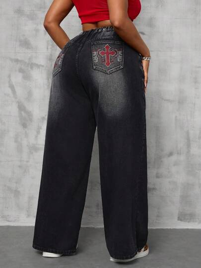 SHEIN SXY 大码前纽扣口袋简约牛仔裤 日常休闲