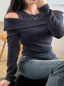 Dazy Plus Solid Color Cold Shoulder Sexy Long Sleeve T-Shirt, Slim Fit, Spring/Summer/Autumn,Fall Women Clothes