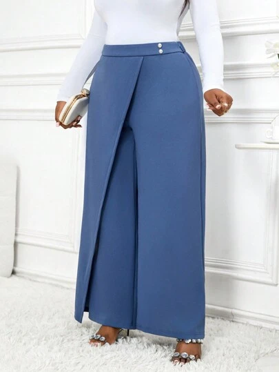SHEIN Lady 大码女式蓝色交叉领珍珠装饰阔腿裤演唱会女裤四季款