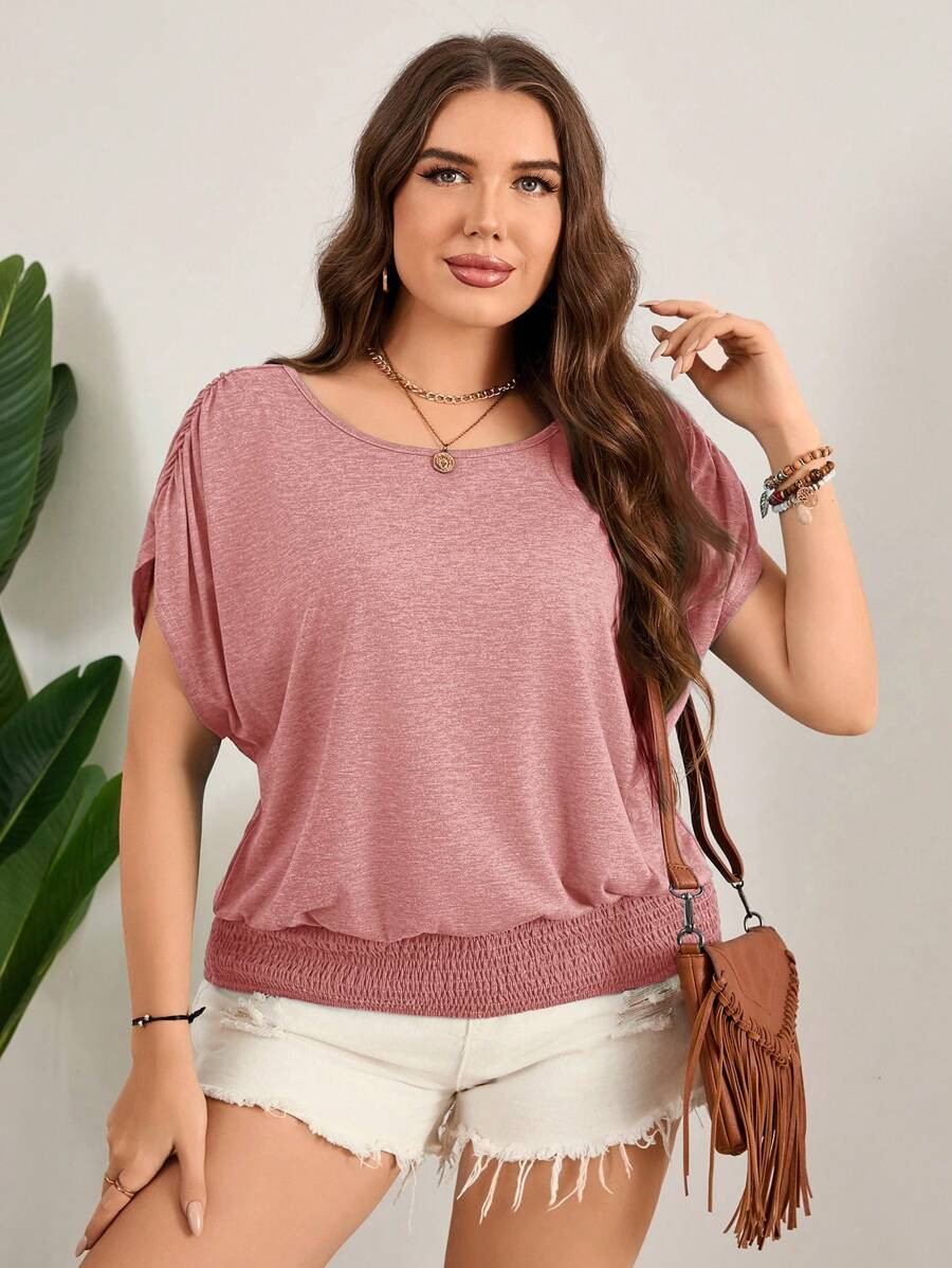 Rosumi 大码彩色复活节 T 恤，宽松圆领休闲 T 恤，弹性下摆，度假休闲装 - 藕粉色 - 查看 1