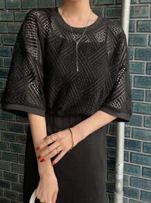 FRIFUL 女士纯色圆领镂空短袖休闲上衣 - 黑色 - 查看 6