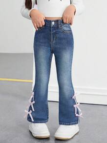 SHEIN Young Girl' Y2K Pink Cute Bow Accent Blue Denim Jeggings,Valentine's Day Denim Pants - Dark Wash - View 2