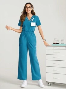 TaskEZ 2pcs Set Solid Color V-Neck Short Sleeve Top And Long Pants, Nursing Scrub Uniform - Teal Blue - View 3