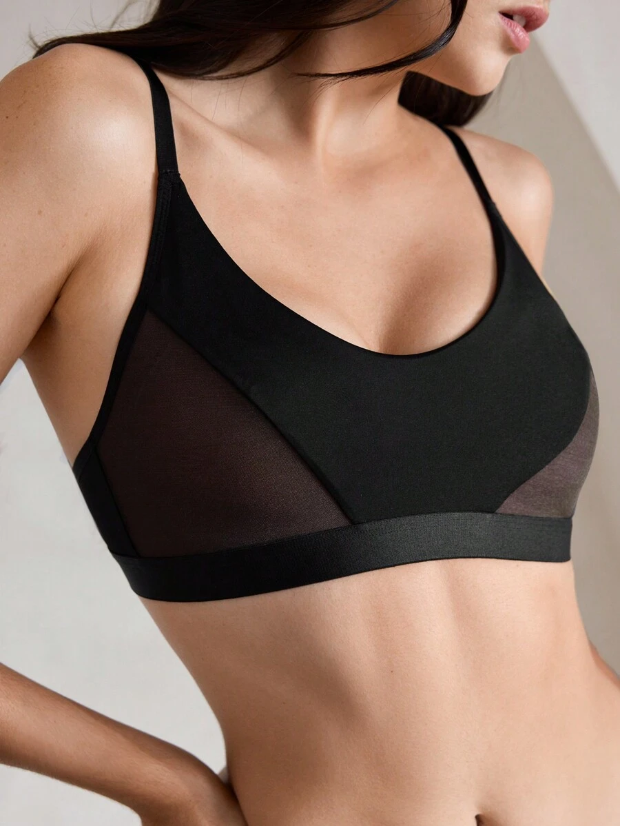 Ocili 女士网眼纯色文胸，简约优雅的休闲日常穿着 - 黑色 - 查看 1