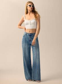 Forever 21 Calça Jeans Feminina Casual Solta com Bolsos e Perna Larga