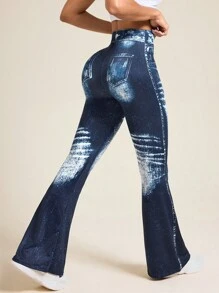 Easithlete 1 件全长牛仔效果数码印花女式运动/瑜伽裤 - 藍色 - 查看 2
