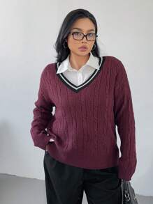 POPSWAY Plus Size Solid Color Patchwork V-Neck Long Sleeve Pullover Sweater , College Style Knit Pullover Fall Winter - Rust Brown - View 1