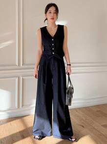 DAZY Western Style Women's Cowboy Clothing V-Neck Vest Wide-Leg Pants Women's Denim Suit Work Women Clothes - Dark Wash - View 3