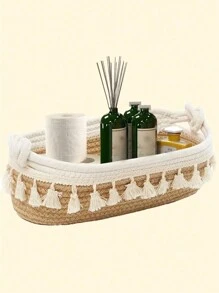 1pc Weave Fringe Decor Desktop Storage Basket For Living Room, Bedroom, Dorm, Office Desk, Room Decoration, Home Organizing Tray, Tabletop Clothes & Toys Storage Basket, Bohemian Rope Plant Pot Basket, Natural Mix Rattan Garden Decor, Metal Frame Boho Baskets For Outdoor Coastal Vibes, Geometric Basket - Multicolor - View 1