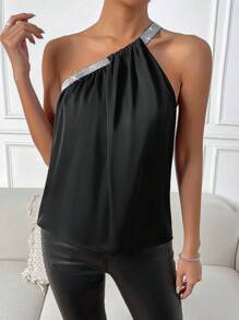 Almamuse Top de un hombro con lentejuelas en contraste - Negro - Ver 6