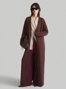 Ontre 女士 2025 年春季新品长款纽扣红棕色开衫、长款灰色针织夹克、极简主义长袖毛衣，适合都市装扮