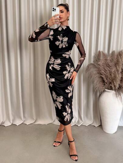 Lavishia Vestido midi asimétrico elegante de mujer con cintura ajustada, estampado floral y malla con drapeado